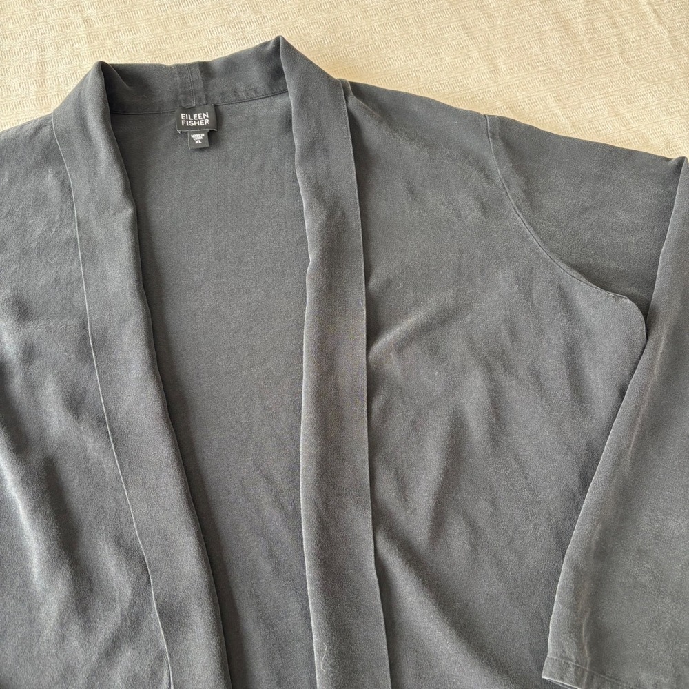 Eileen Fisher Black 100% Silk Open Front Cardigan Jacket XL Washed Crepe Boxy
